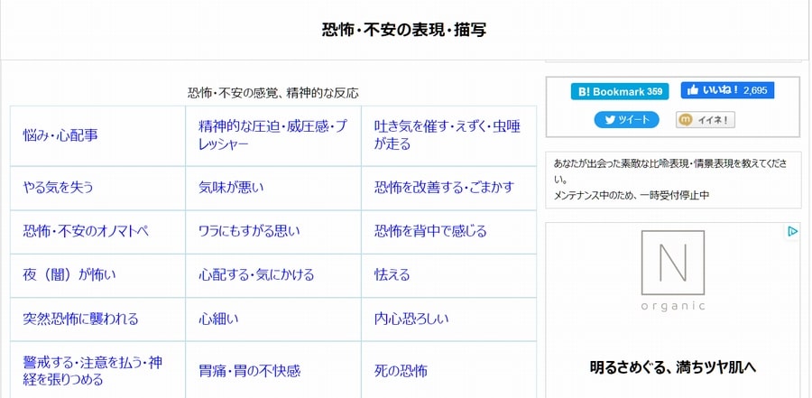 「日本語表現インフォ」の「恐怖・不安の表現・描写」のページ